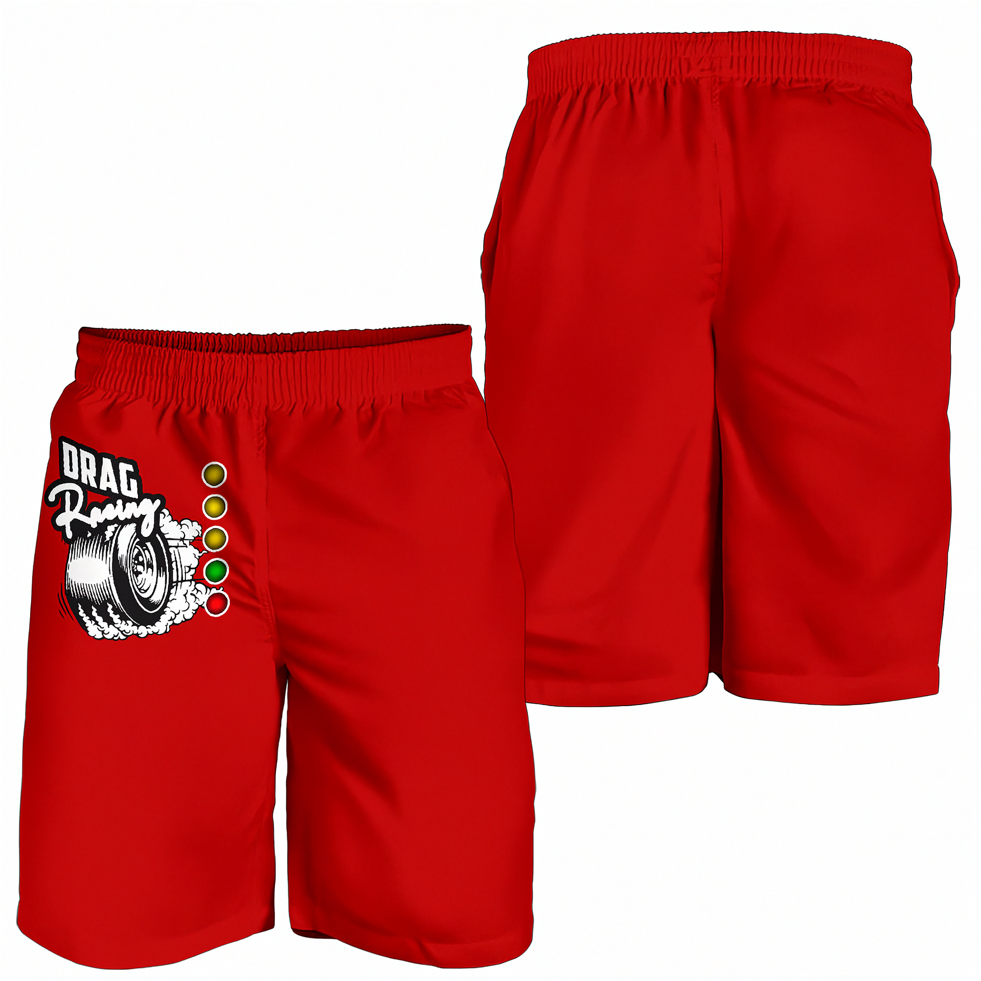 Red athletic shorts shown from the front and back on a plain white background. The front view includes a graphic on the left leg with the text 'DRAG Racing' and a tire illustration above a vertical row of colored circles.