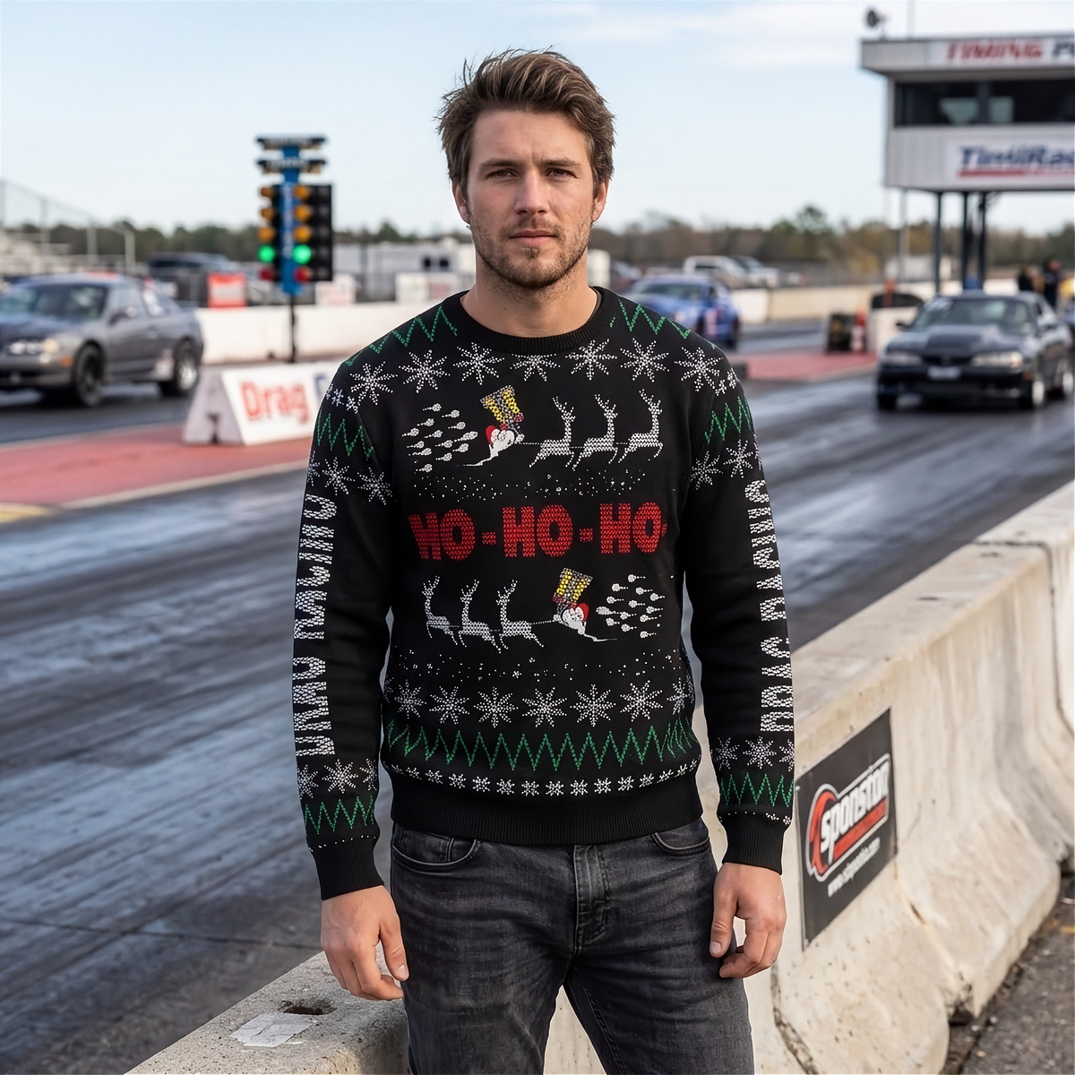 A man wearing a black Christmas sweater with a festive holiday graphic stands on a drag racing track. The sweater features 'HO-HO-HO' in red, white reindeer, and green and white snowflake patterns.