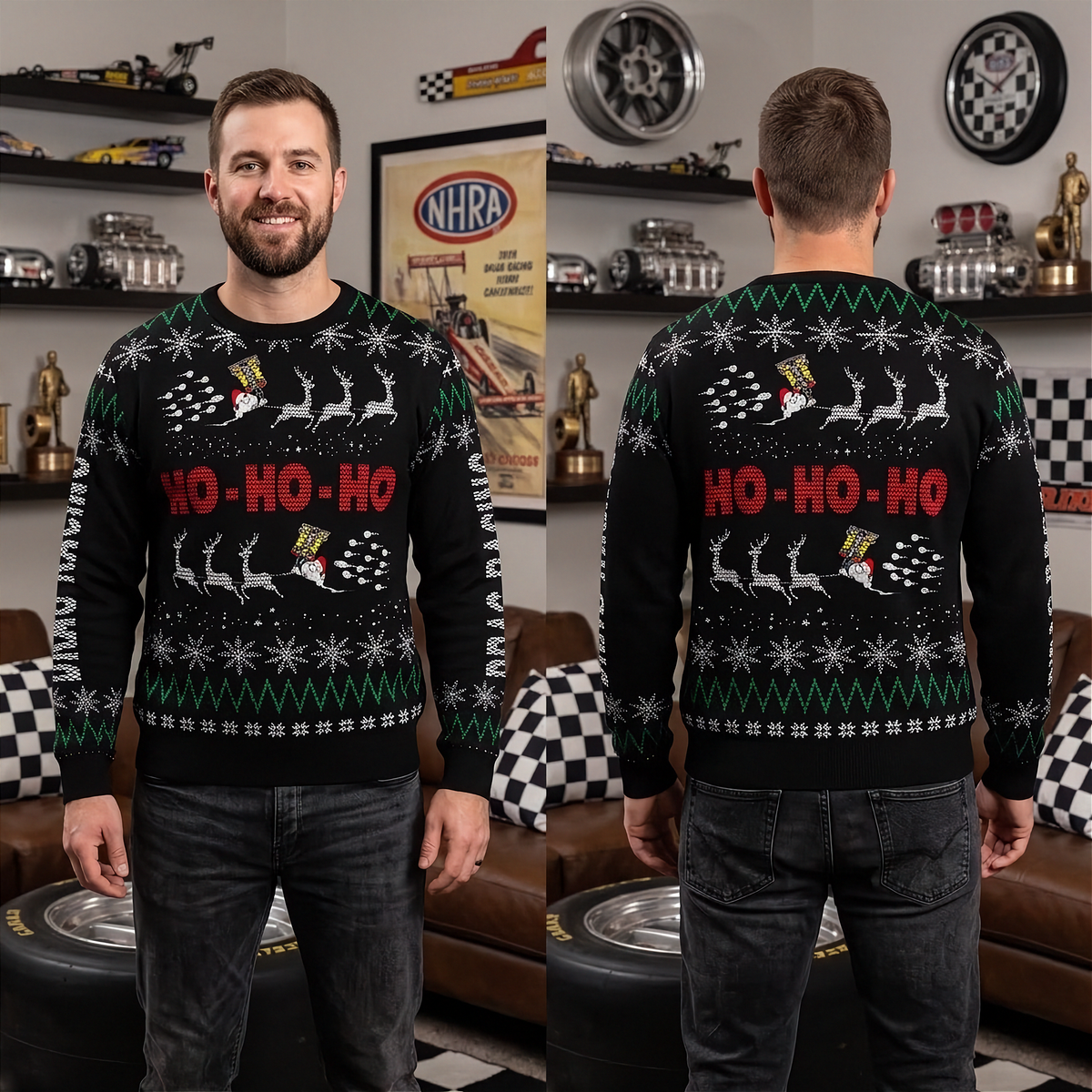 A man modeling a black Christmas sweater in a garage-like setting, shown from both the front and back. The sweater features a holiday print with reindeer, snowflakes, and the text 'HO-HO-HO' in red, with green and white accents.