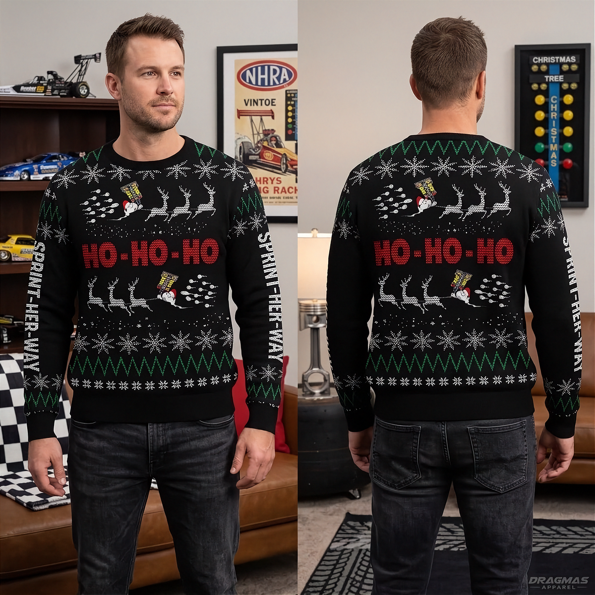 A man modeling a black Christmas sweater in a split front and back view. The sweater features a green and white holiday pattern with 'HO-HO-HO' in red across the chest, white reindeer silhouettes, and 'SKINNY BENT' printed down the sleeves.