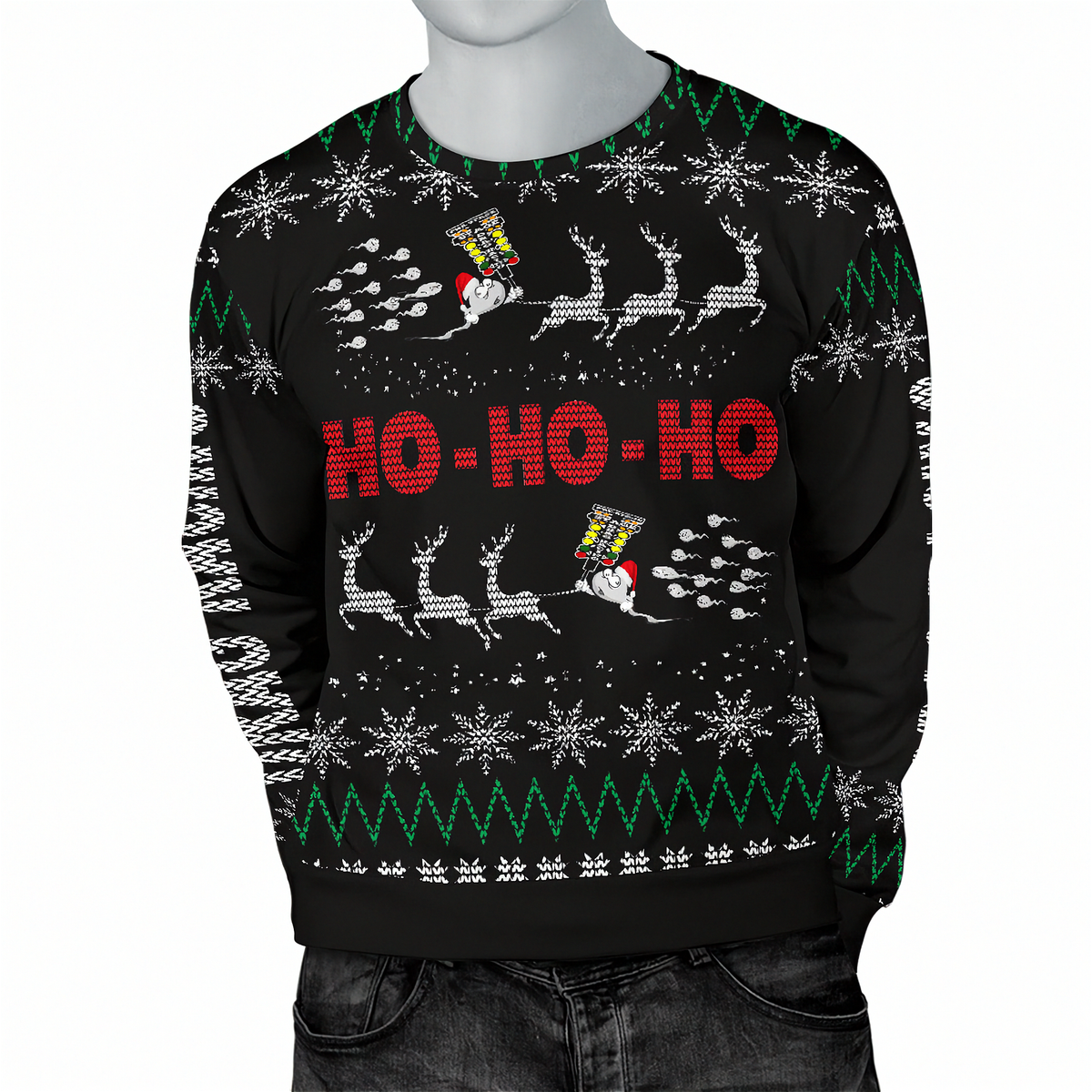 A black Christmas sweater with a festive knit pattern featuring white snowflakes, green zig-zag borders, reindeer, and the words 'HO - HO - HO' in red. The sweater is displayed on a gray mannequin torso with dark gray jeans against a plain white background.