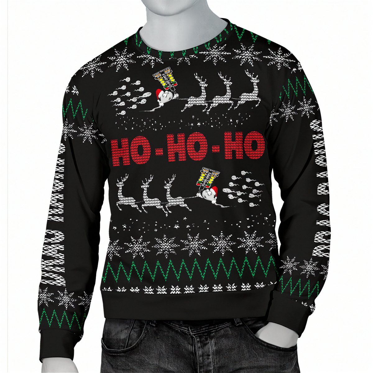 A black long-sleeve Christmas sweater with a festive holiday print featuring white snowflakes, green zig-zag patterns, reindeer, Santa Claus, and red 'HO-HO-HO' text, shown on a gray mannequin torso.