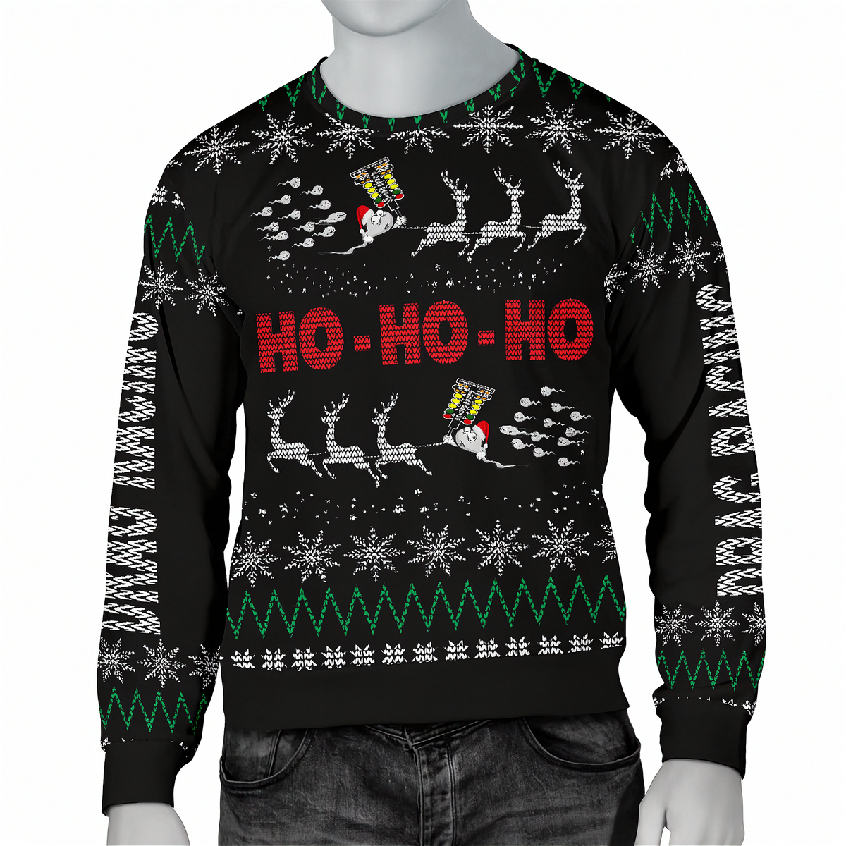 A black Christmas crewneck sweater with a festive holiday pattern, featuring 'HO HO HO' in red text, reindeer, snowflakes, and green zig-zag stripes, shown on a mannequin torso.