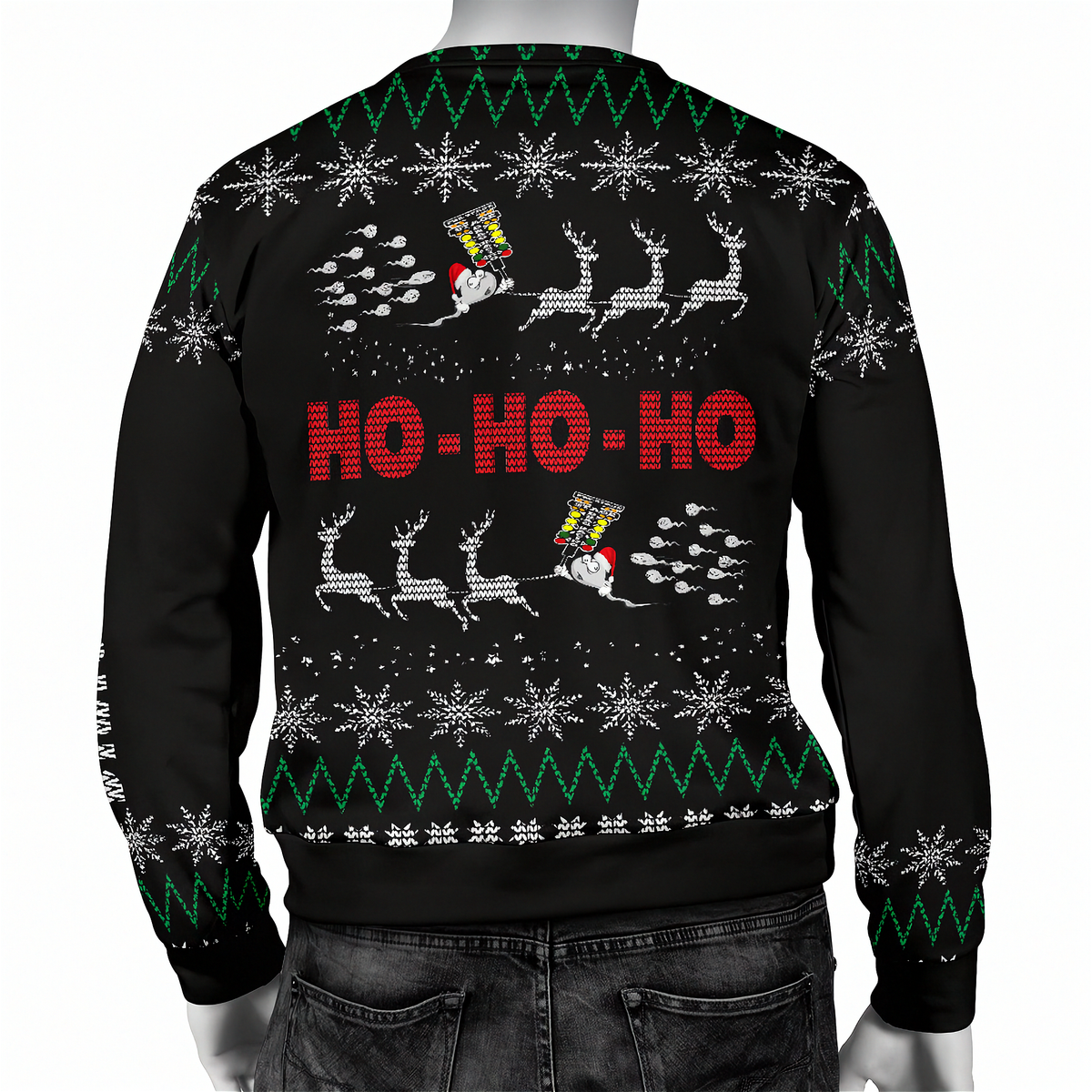 A black Christmas sweater with a festive holiday design, shown from the back on a mannequin. The design features 'HO-HO-HO' in red pixelated text, Santa Claus sleighing with reindeer, white snowflakes, and green and white geometric borders.