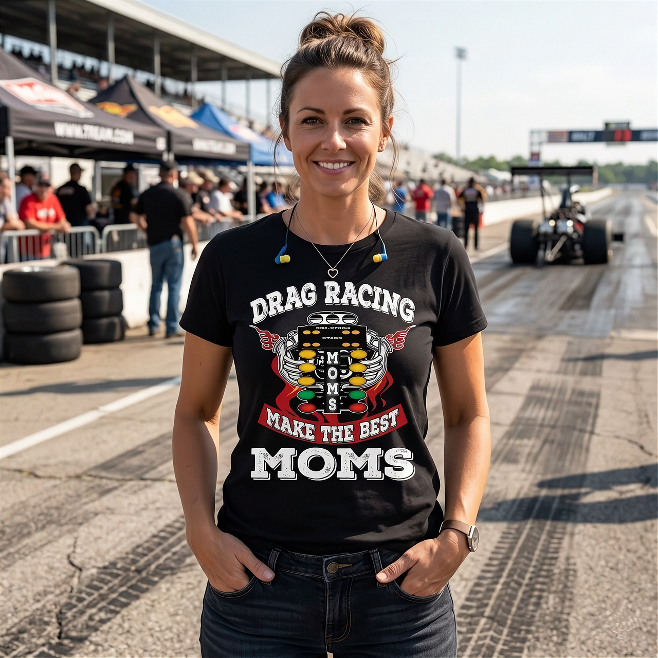 "Drag Racing Moms Make The Best Moms" apparel collection featuring premium women's v-necks, racerback tanks, fitted t-shirts, and cozy fleece hoodies for racing enthusiasts.