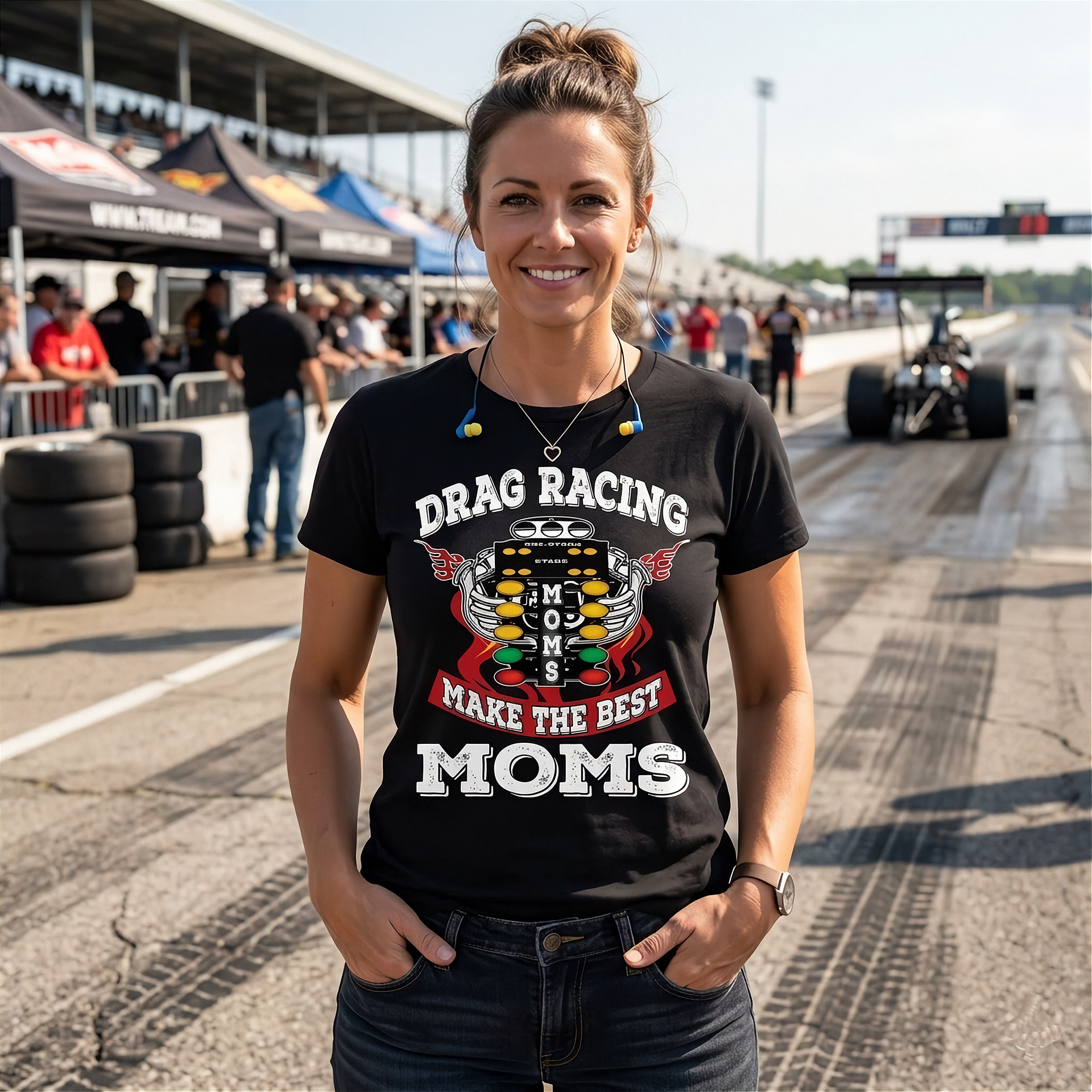 "Drag Racing Moms Make The Best Moms" apparel collection featuring premium women's v-necks, racerback tanks, fitted t-shirts, and cozy fleece hoodies for racing enthusiasts.