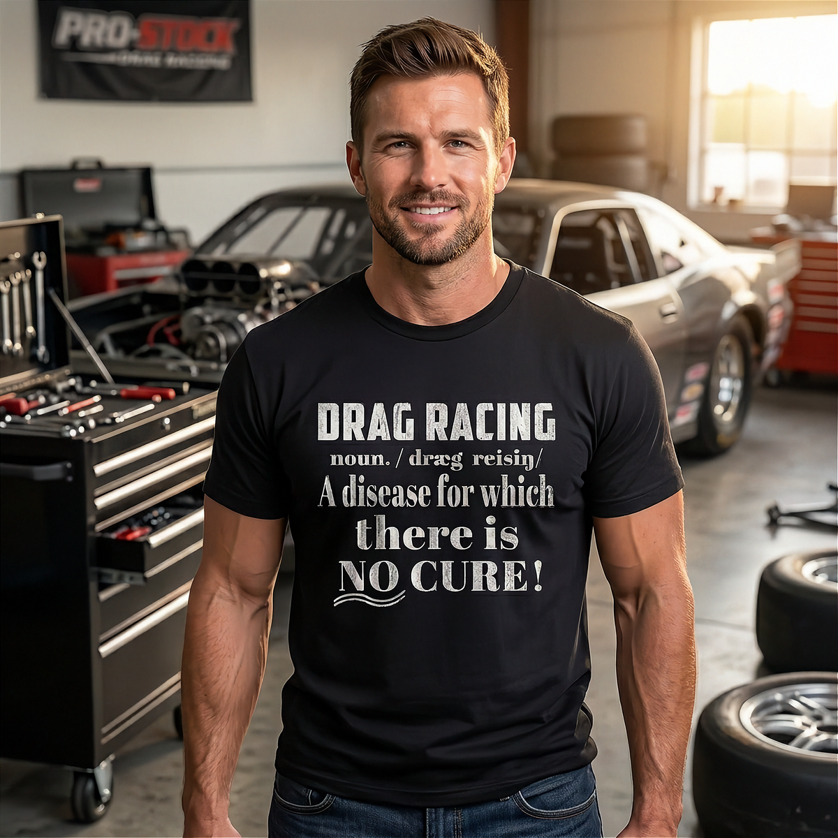 a man standing in a garage wearing black shirt with "Drag Racing Noun" design printed on high-quality, highlighting the definition of a true drag racing enthusiast.