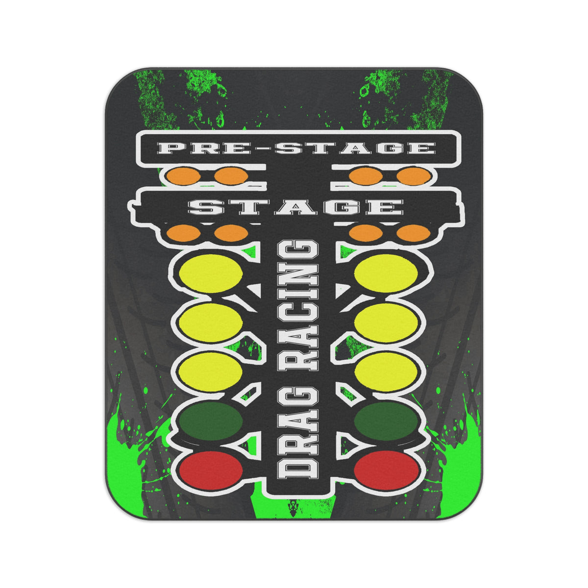 A rectangular drag racing start-light sign with rounded corners, featuring a black background with green paint splatters and white text reading 'PRE-STAGE', 'STAGE', and 'DRAG RACING'. The colored lights include orange, yellow, green, and red.