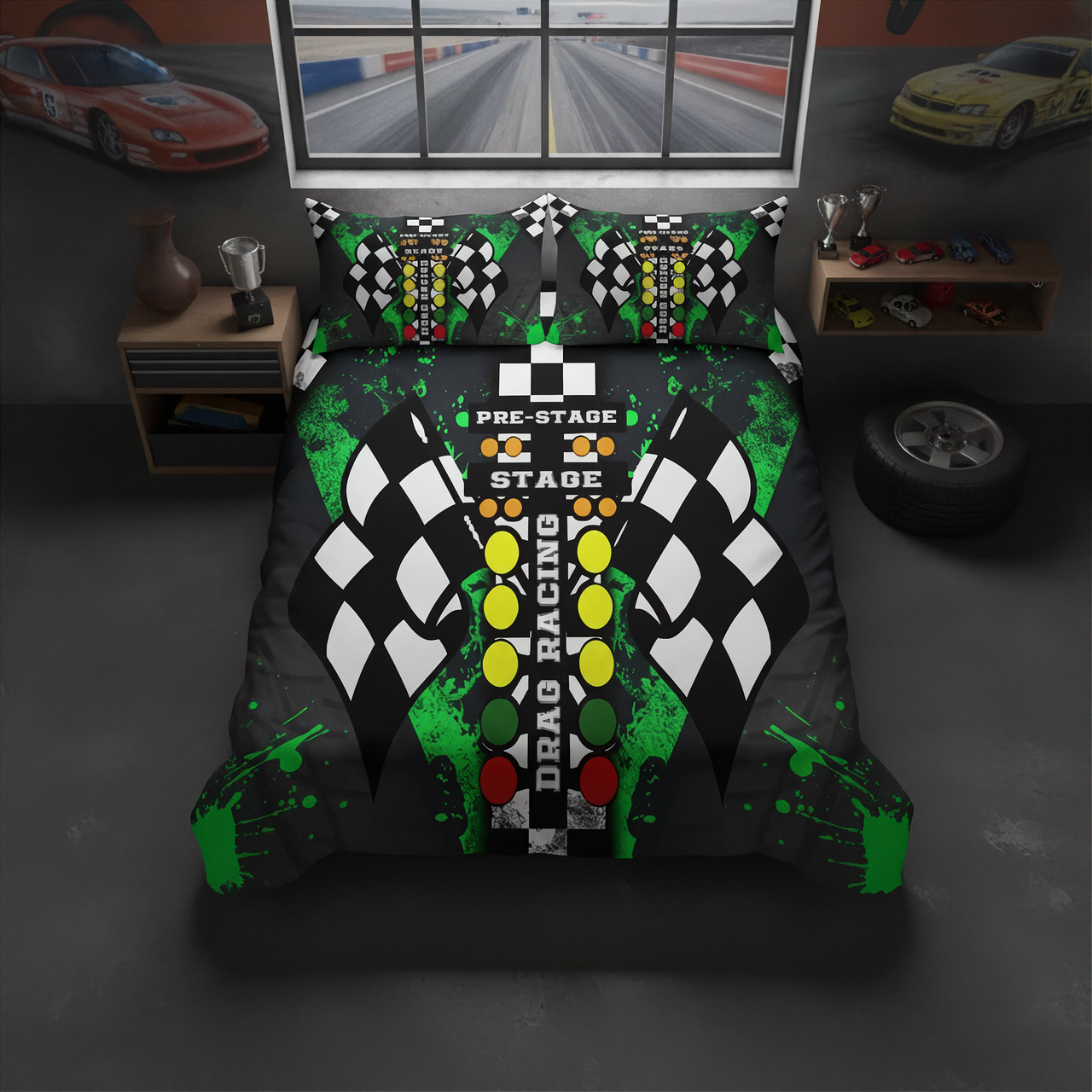 A drad racing-themed bedding set featuring a duvet cover and two matching pillowcases with a black, white, and green checkered pattern, yellow and green track lights, and 'PRE-STAGE RACING STAGE 1' text, shown in a dark room setting.
