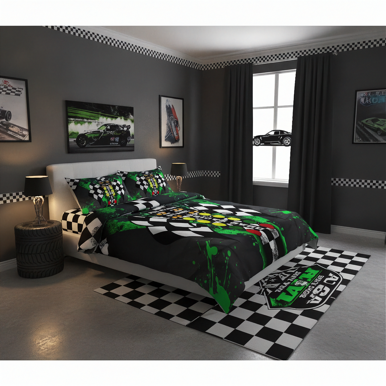 A drag racing-themed bedding set displayed on a bed in a modern gray bedroom. The set includes a duvet cover and matching pillowcases with a black and white checkered flag pattern, green paint splatters, and green and red graphic details.