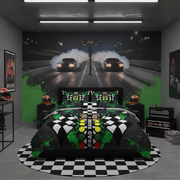 A drag racing-themed bedding set displayed on a bed in a styled bedroom. The comforter and matching pillowcases feature a black and white checkered pattern with green splatters and a central green, yellow, and red light-bar motif.