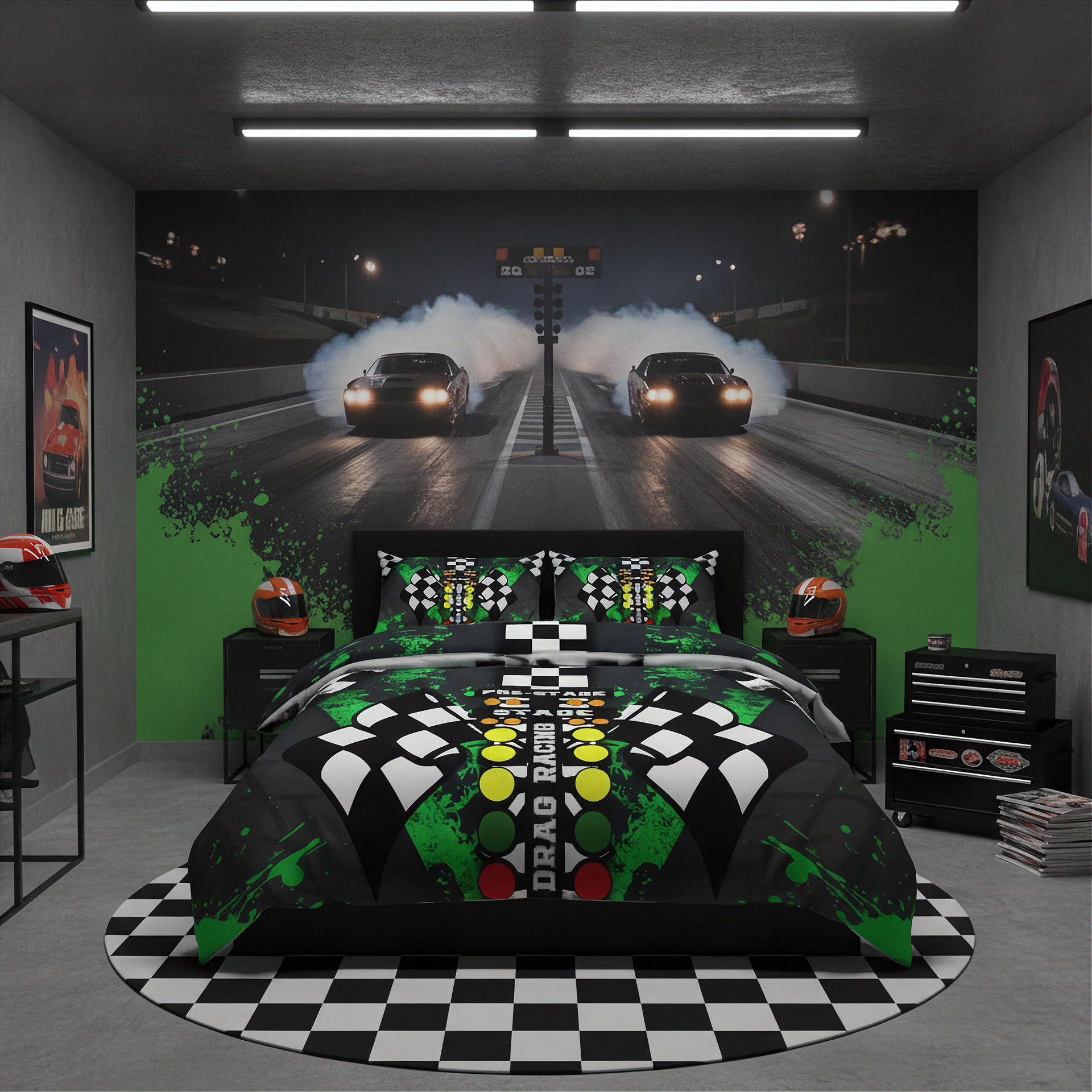A drag racing-themed bedding set displayed on a bed in a styled bedroom. The comforter and matching pillowcases feature a black and white checkered pattern with green splatters and a central green, yellow, and red light-bar motif.