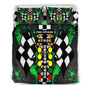 A bedding set featuring a duvet cover and two matching pillowcases with a vibrant drag racing theme. The design includes black and white checkered flags, a central vertical light bar with yellow, green, and red lights, and the words 'PRE-STAGE', 'STAGE', and 'DRAG RACING'.
