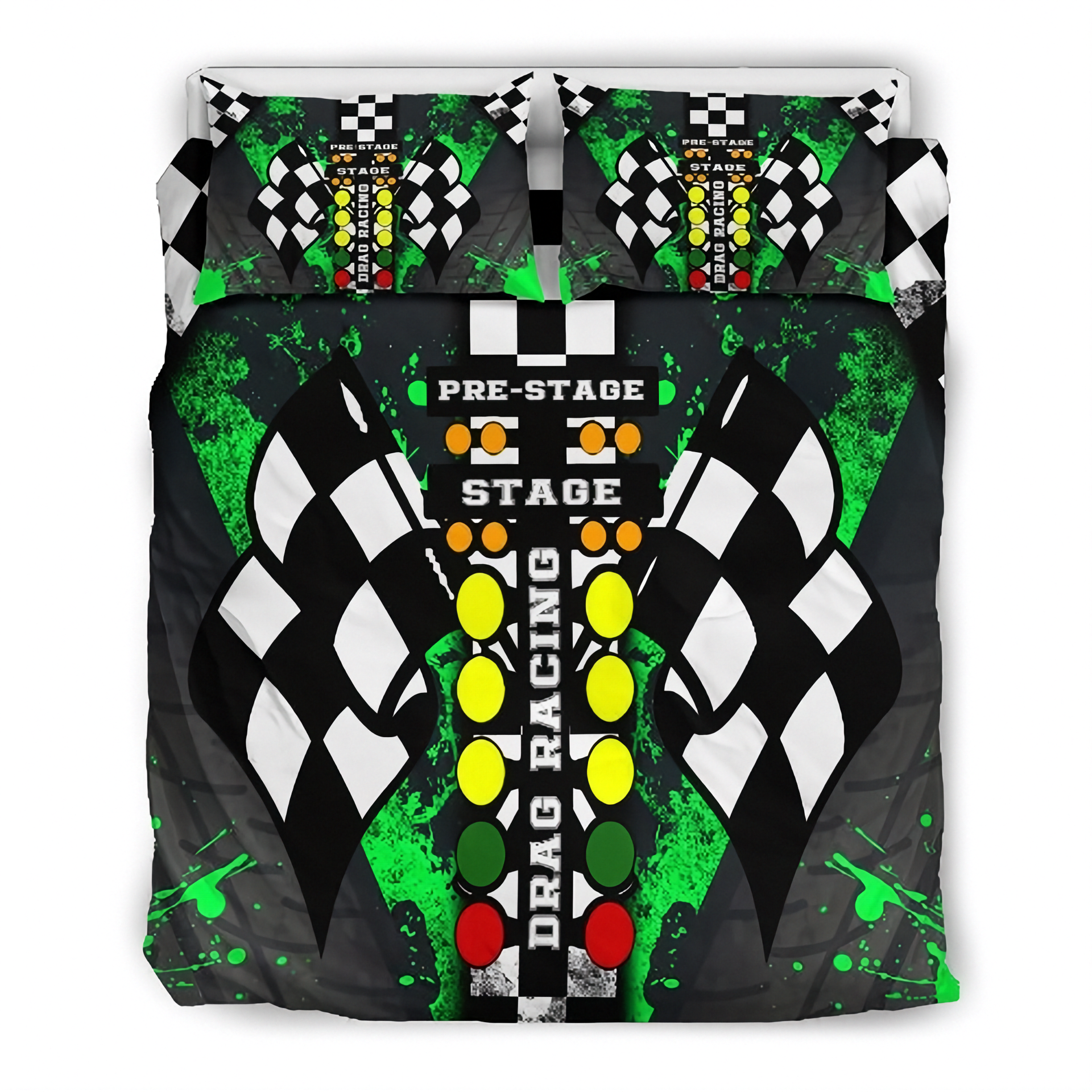 A bedding set featuring a duvet cover and two matching pillowcases with a vibrant drag racing theme. The design includes black and white checkered flags, a central vertical light bar with yellow, green, and red lights, and the words 'PRE-STAGE', 'STAGE', and 'DRAG RACING'.