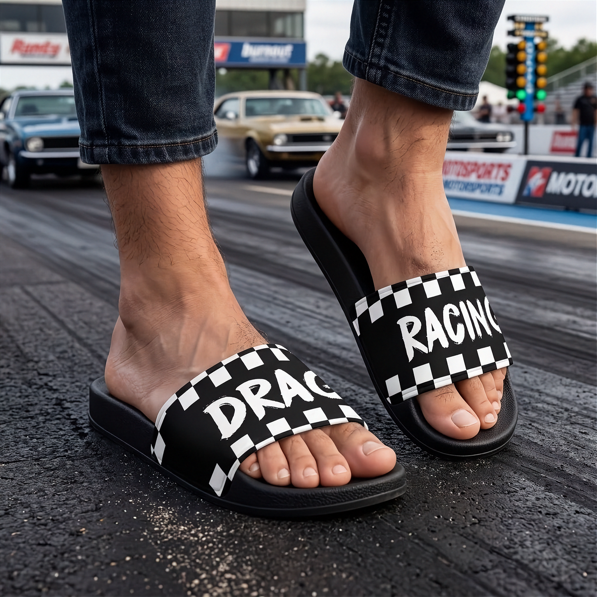 A person wearing black slide sandals with a black-and-white checkered border and the words 'DRAC RACING' printed across the straps, standing on a drag strip with cars and track signage in the background.