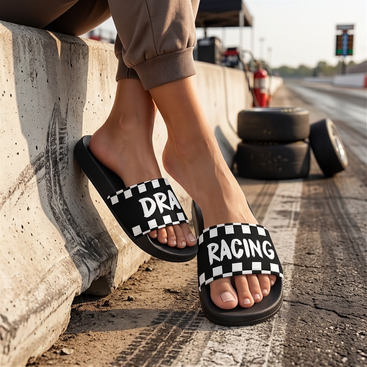 A person sitting on a concrete barrier at a racetrack wearing black slide sandals with a white checkerboard pattern and the words 'DRAG RACING' across the straps.