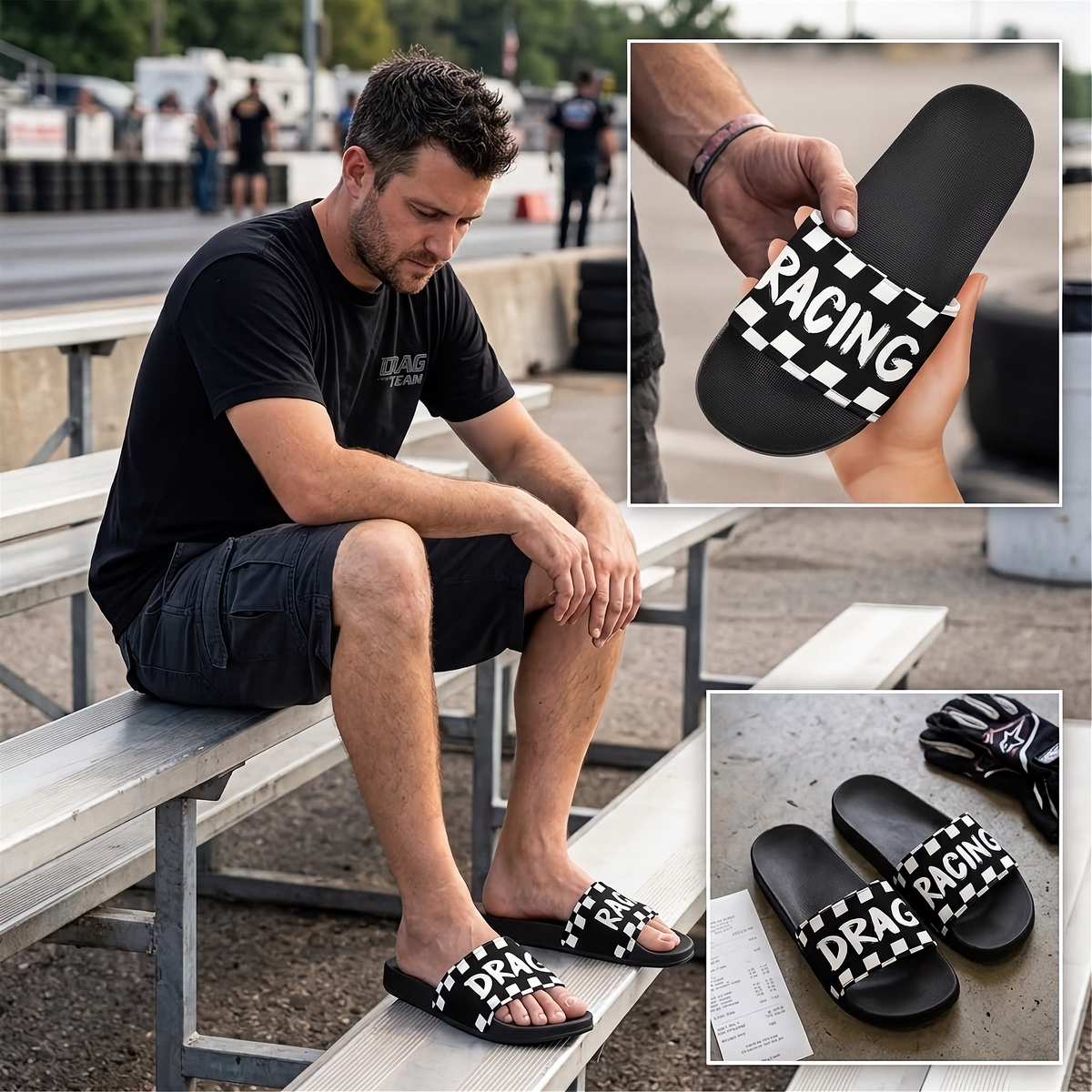 A man sitting on metal bleachers wearing black slide sandals with a white and black racing flag strap pattern. The image includes two inset close-ups showing the sandal strap detail and a pair of the sandals on the ground.