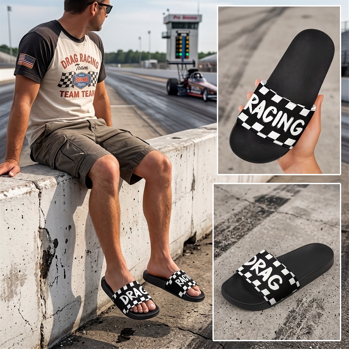 A man wearing black and white checkered slide sandals with 'RACING' printed on the straps, sitting on a concrete racetrack barrier. The image includes two inset close-ups showing the sandals from different angles, one held in a hand and one on the racetrack pavement.