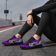 Person wearing purple sneakers with 'DRAG RACING' branding on a road.