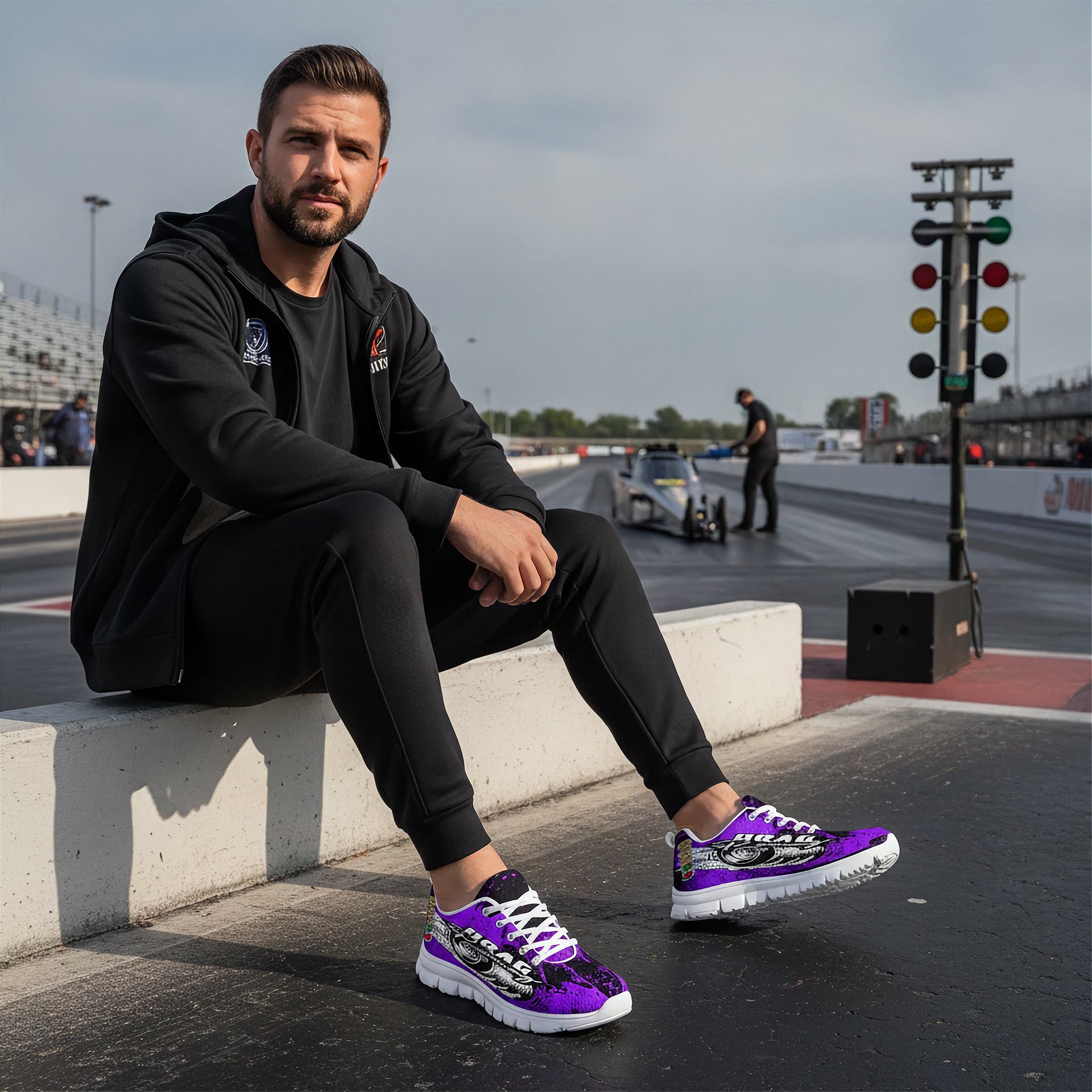 Man sitting on a track wearing black outfit and purple sneakers with a race track background