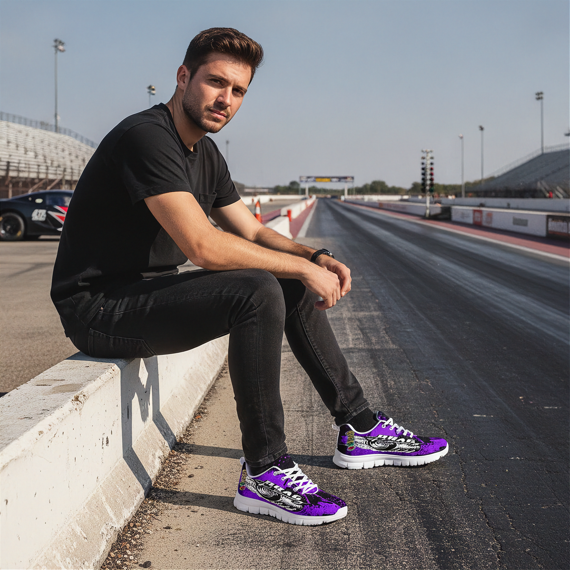 Man sitting on a race track wearing black shoes with purple accents.