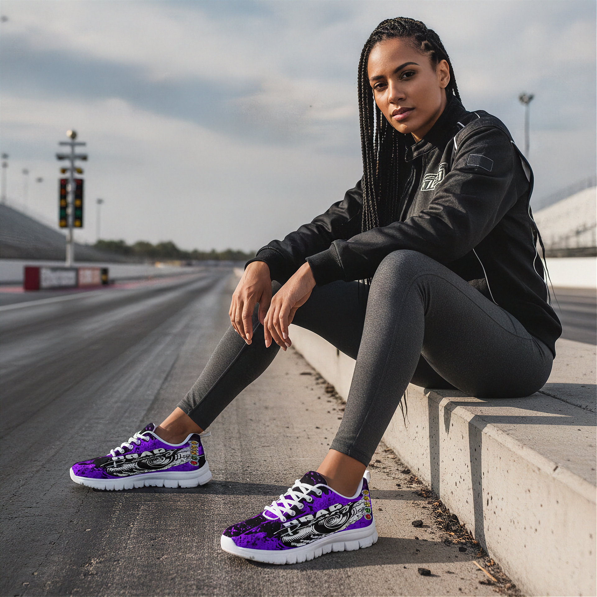 Woman sitting on a race track wearing black jacket, gray leggings, and purple sneakers.