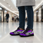Person wearing purple sneakers with black and white designs in a mall setting
