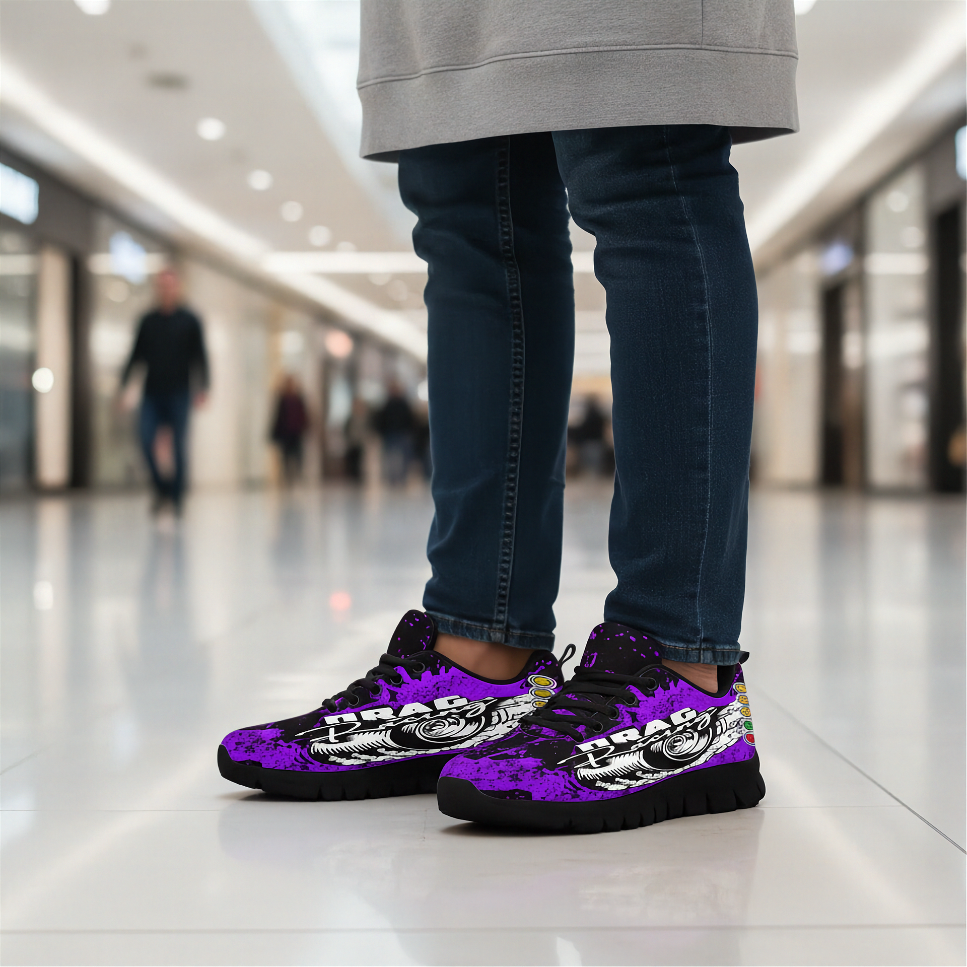 Person wearing purple sneakers with black and white designs in a mall setting
