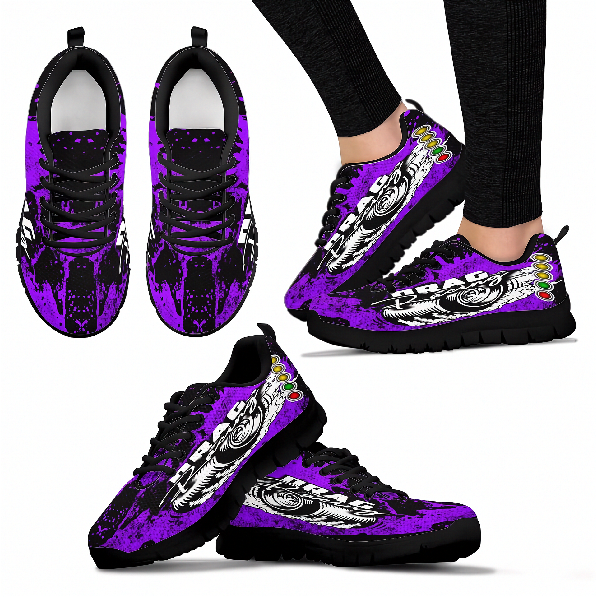 Purple and black sneakers with a design on a white background