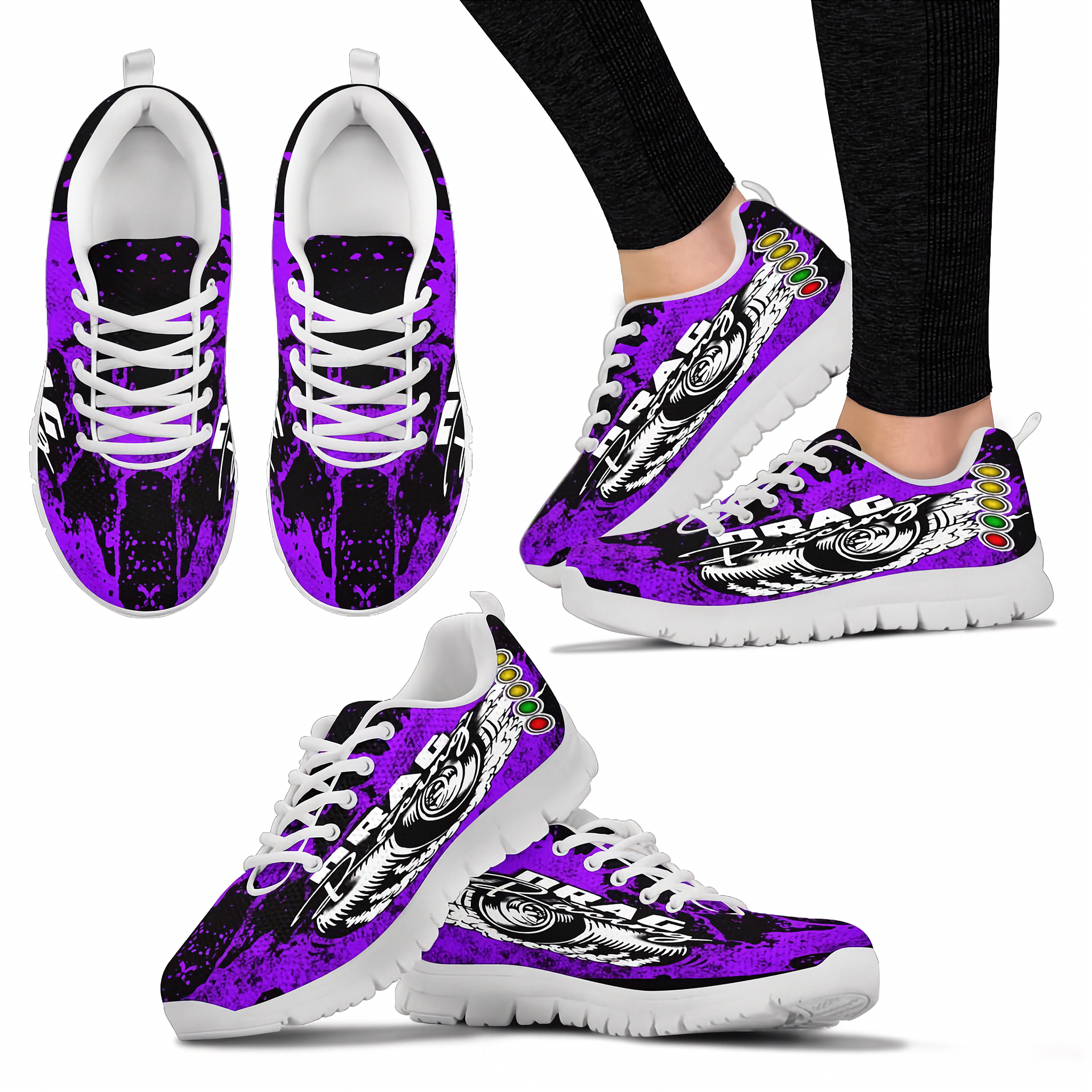 Purple and black sneakers with white soles worn by a person on a white background