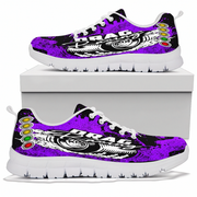 Purple and black sneakers with white sole on a white background