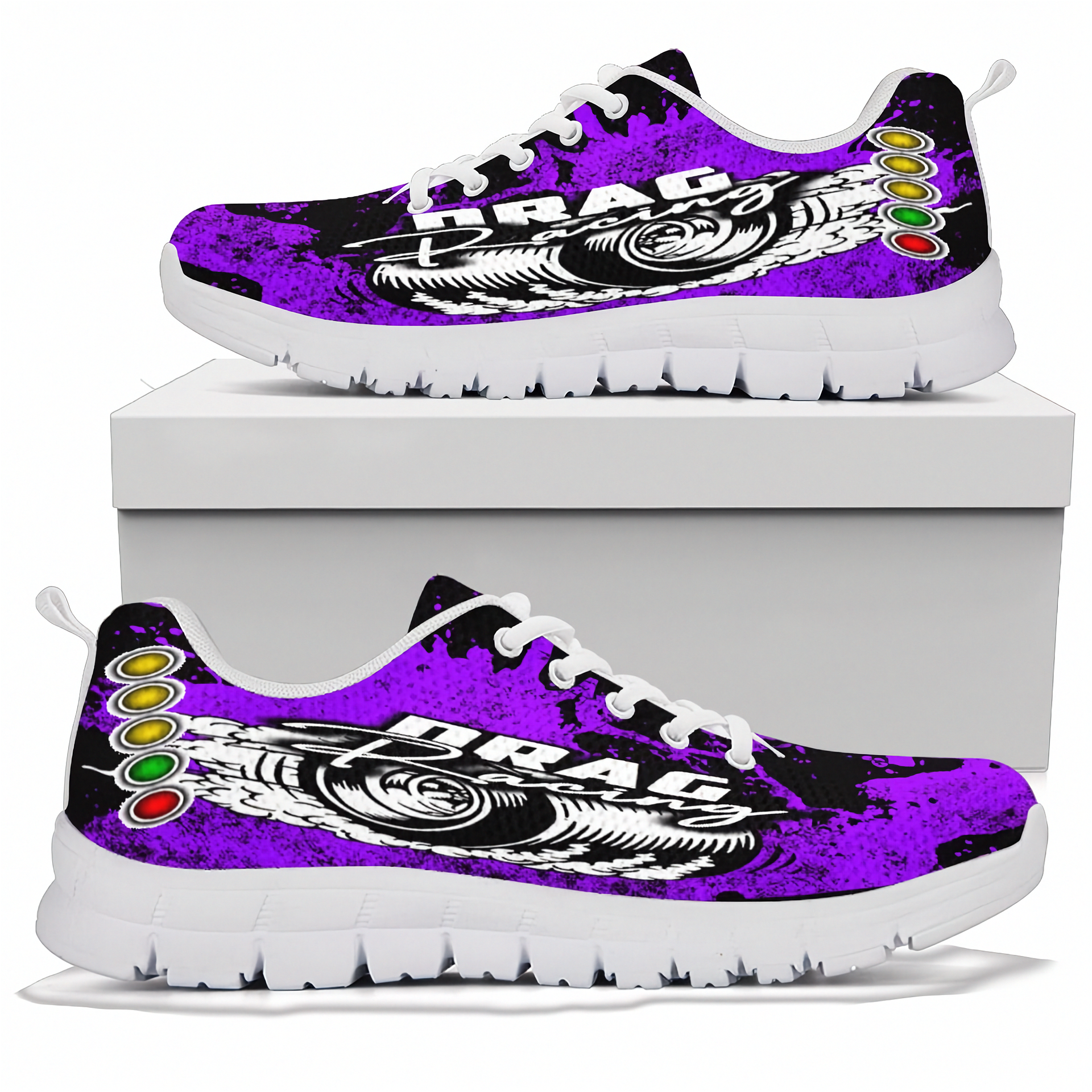 Purple and black sneakers with white sole on a white background