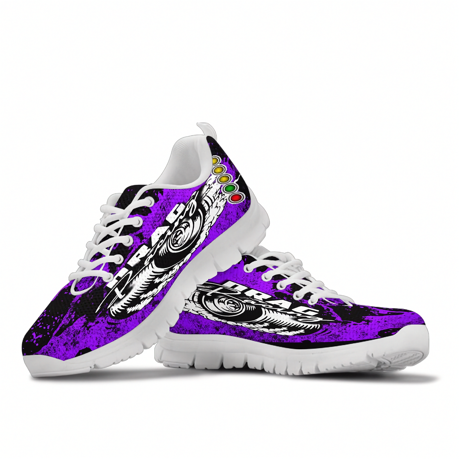 Purple sneakers with white patterns on a white background