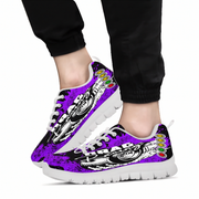 Purple sneakers with black and white graphics on a white background