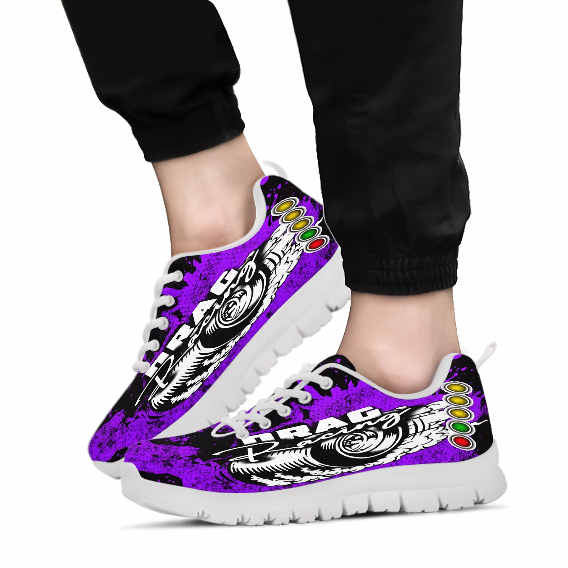 Purple sneakers with black and white graphics on a white background