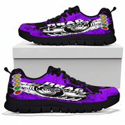 Purple and black sneakers with 'Drag racing' design on a white background