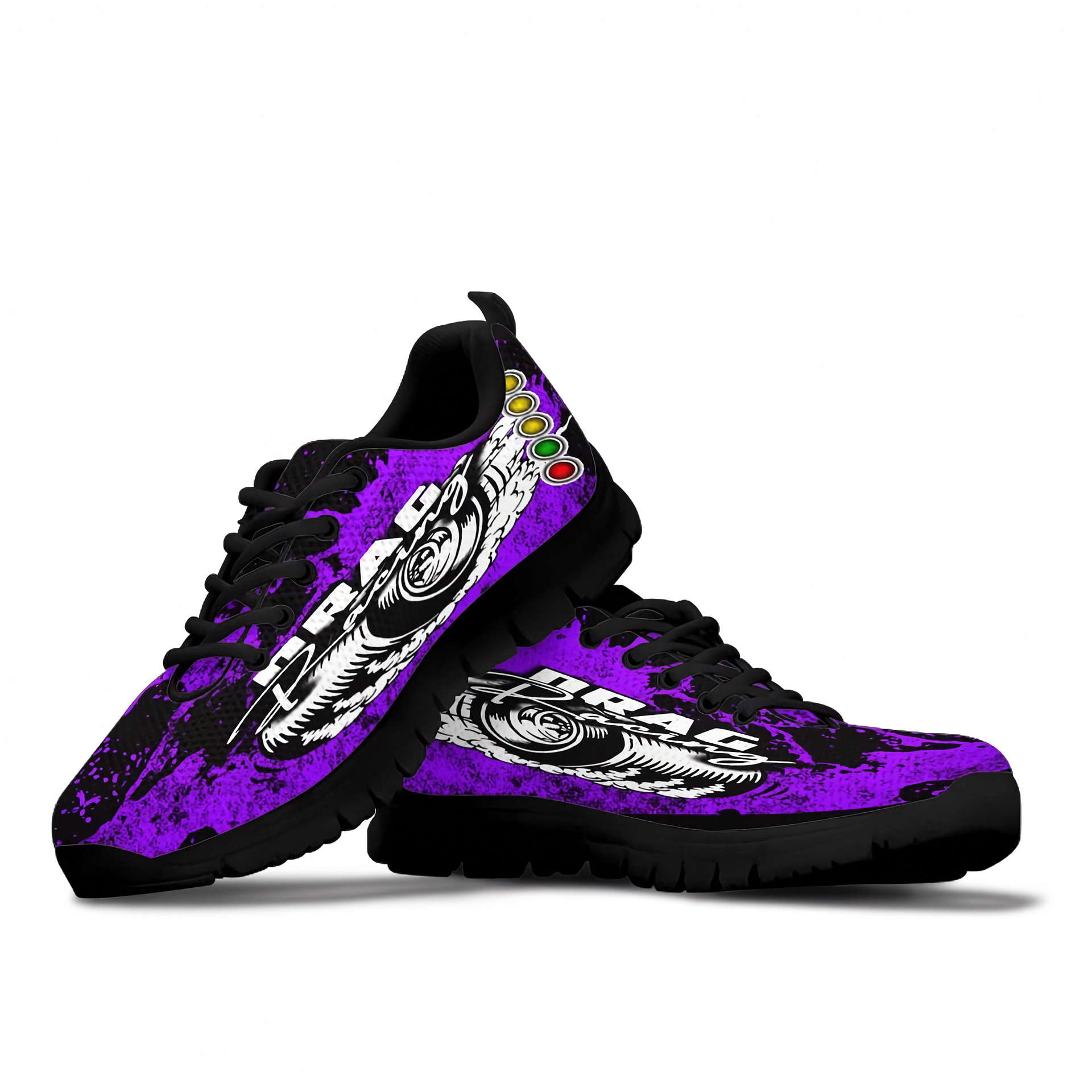 Purple and black sneakers with white graphics on a white background