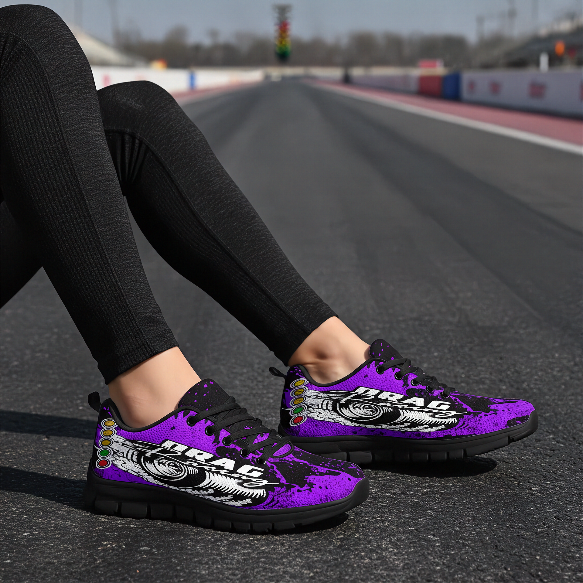 Purple and black sneakers with 'DRAG RACING' branding on a race track.