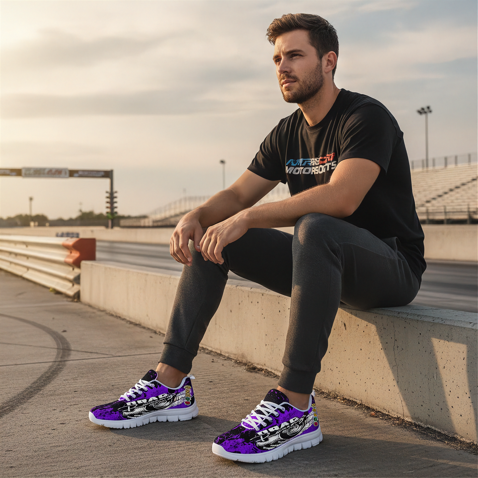 Man sitting on a concrete ledge wearing black t-shirt, dark pants, and purple sneakers with a track in the background.