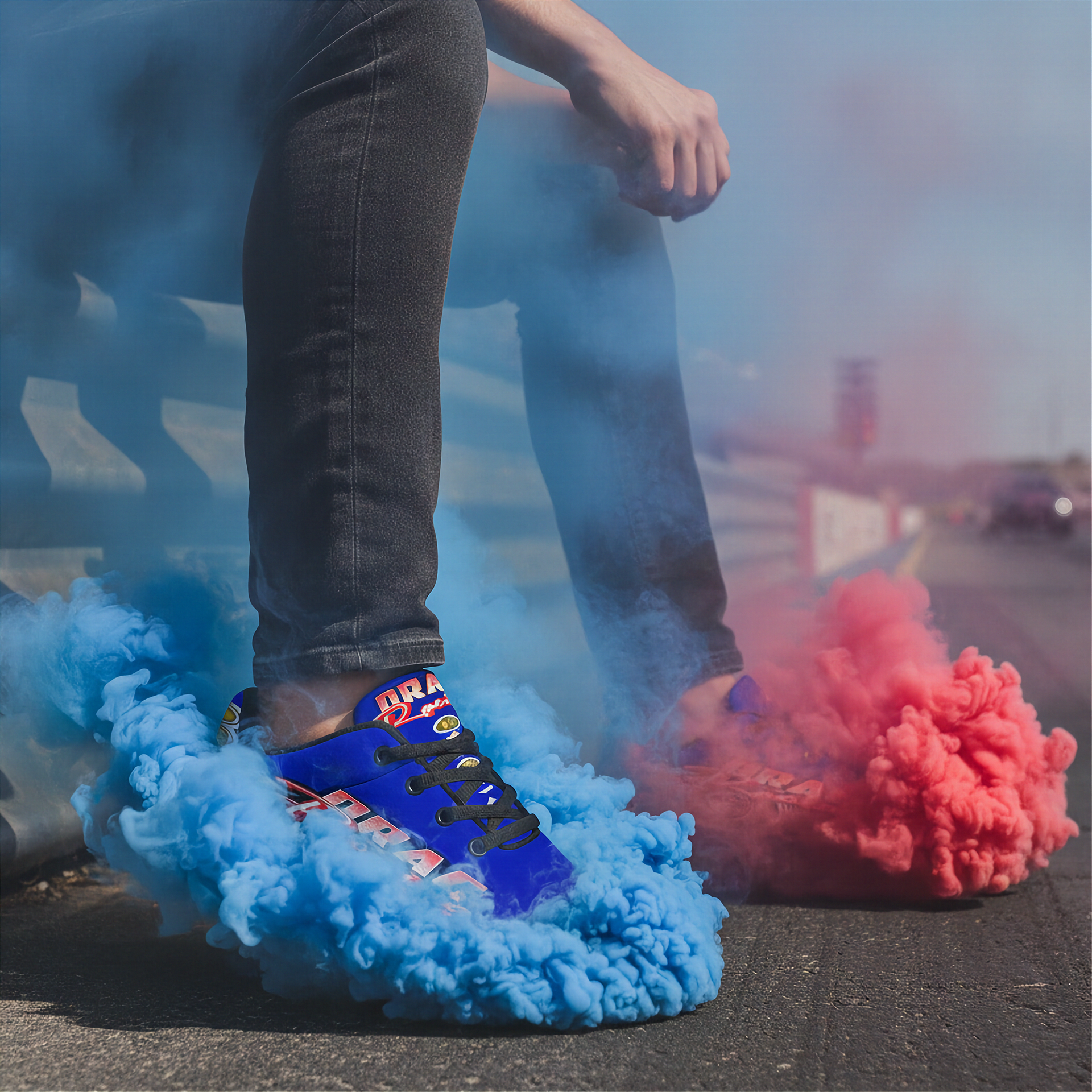 A person wearing dark gray jeans and a blue sneaker with colorful graphics sits on a bridge or road, surrounded by dramatic blue and red smoke. The sneaker features a blue upper with red, yellow, and white graphic details, black laces, and a black sole.