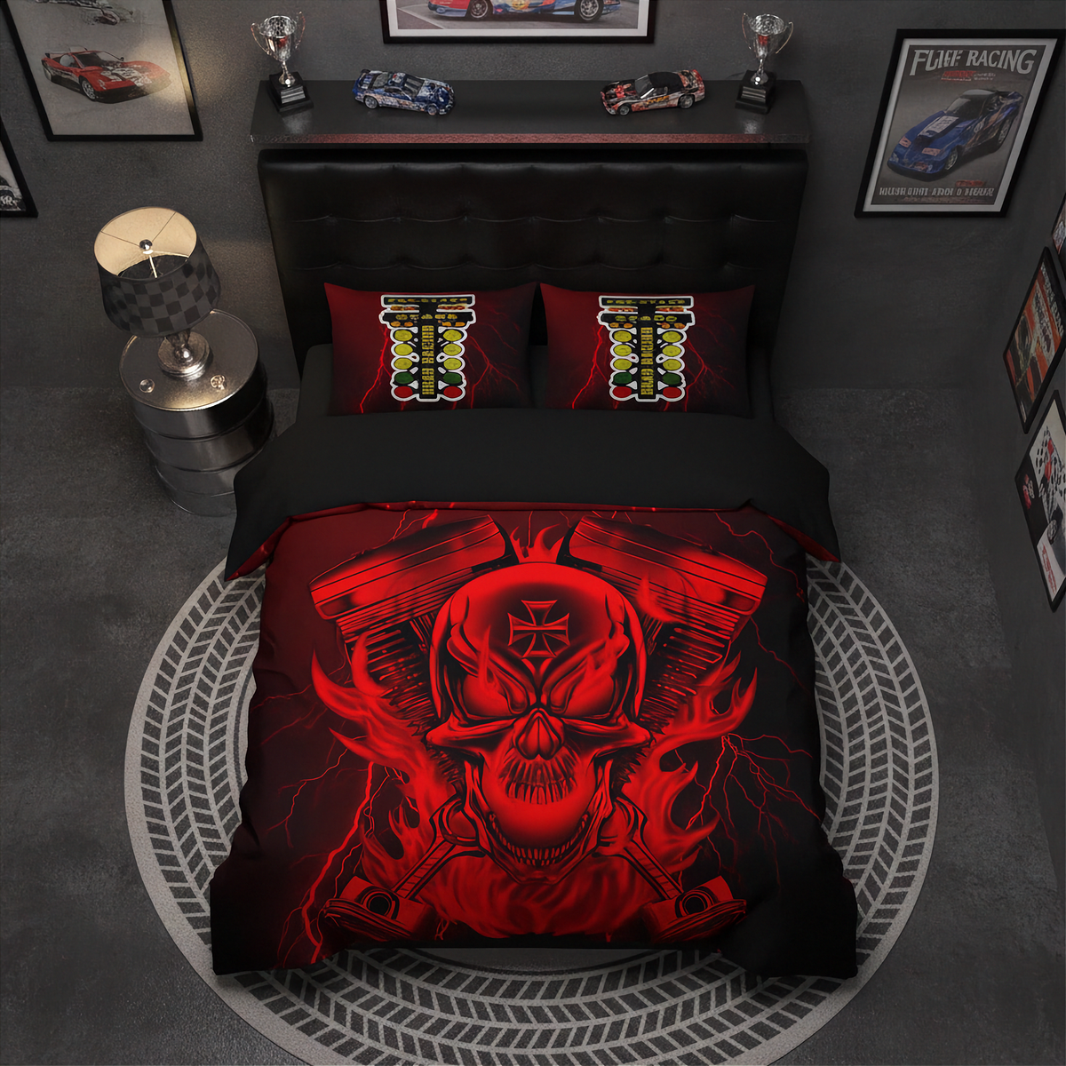 A racing-themed bedding set displayed on a bed in a dark, styled room. The set includes a duvet cover and two pillowcases featuring a bold red and black graphic of a skull with a racing crosshair and engine parts.
