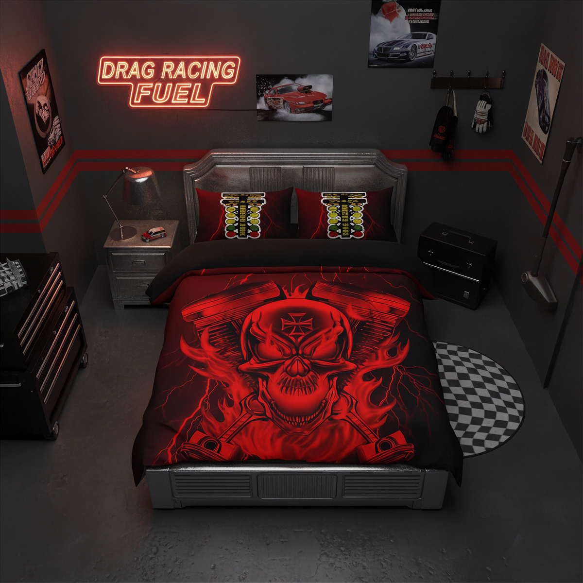 A bed dressed in a red and black drag racing themed bedding set, shown in a dark gray themed bedroom with a neon sign, car posters, and racing accessories.