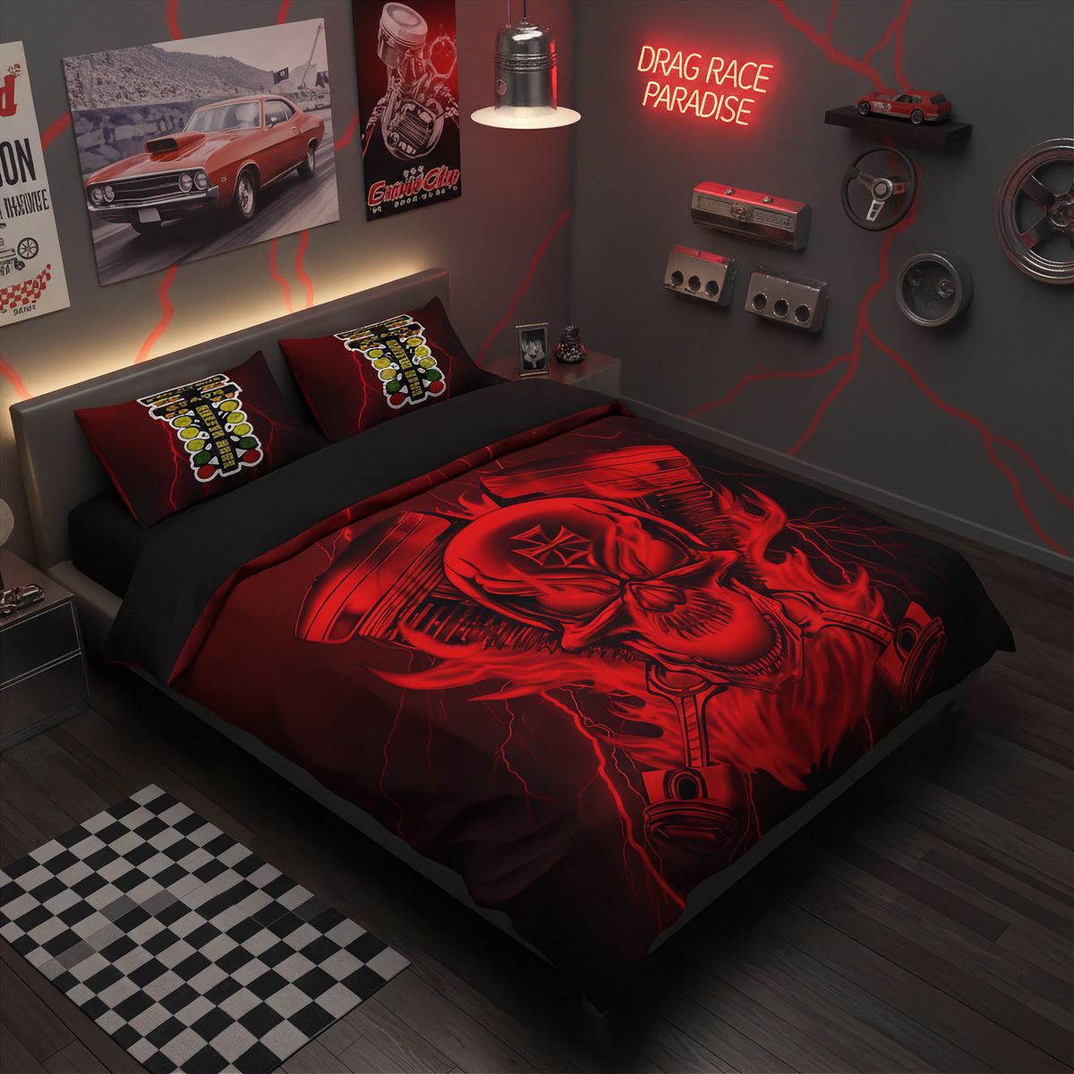 A bed dressed in a black and red drag race themed bedding set, shown in a dark, modern bedroom decorated with drag car posters, a neon sign, and racing wall decor.