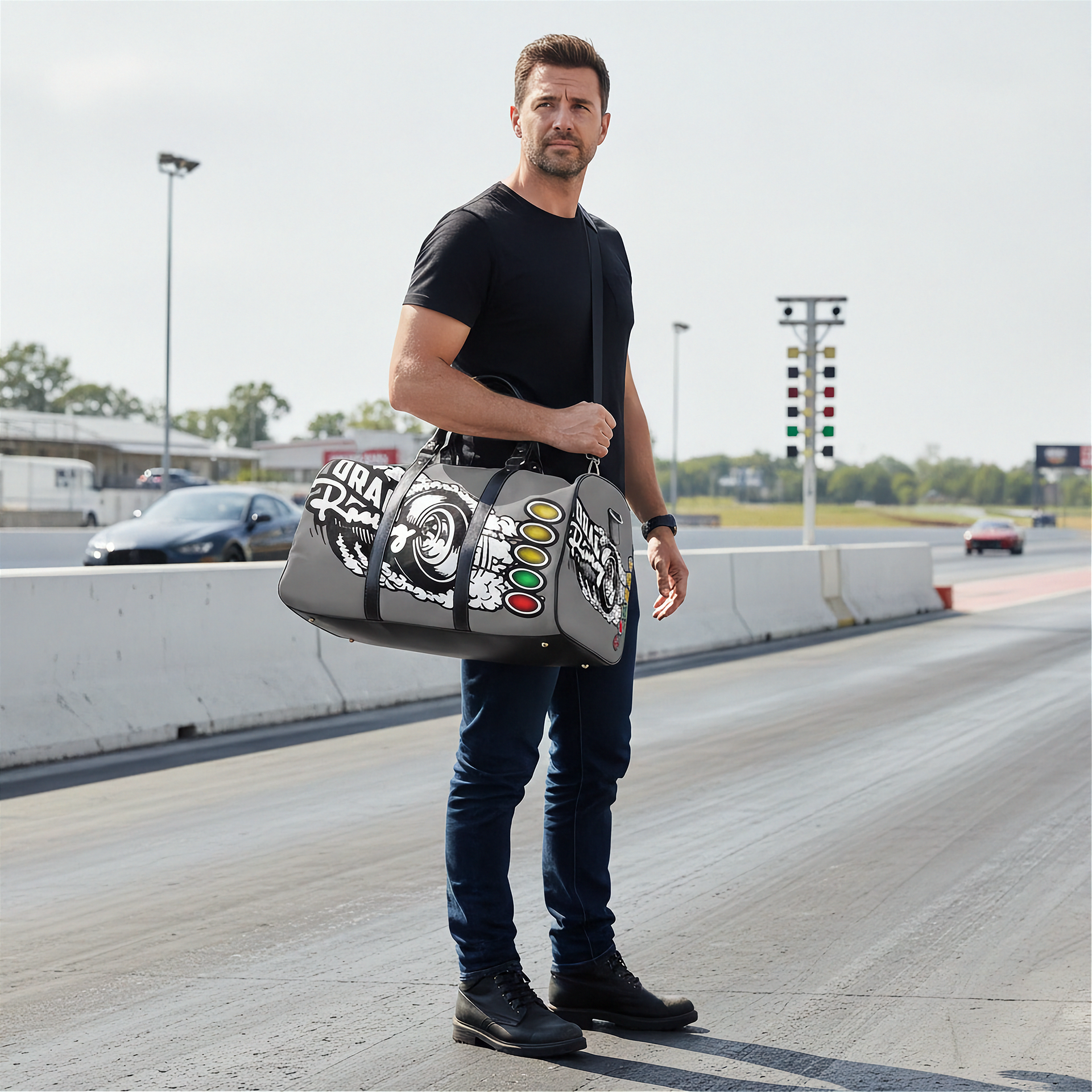 A man stands on a racetrack holding a gray duffel bag with black straps and white racing graphics. The bag features a circular tire graphic and a row of red, yellow, and green oval accents on the front.