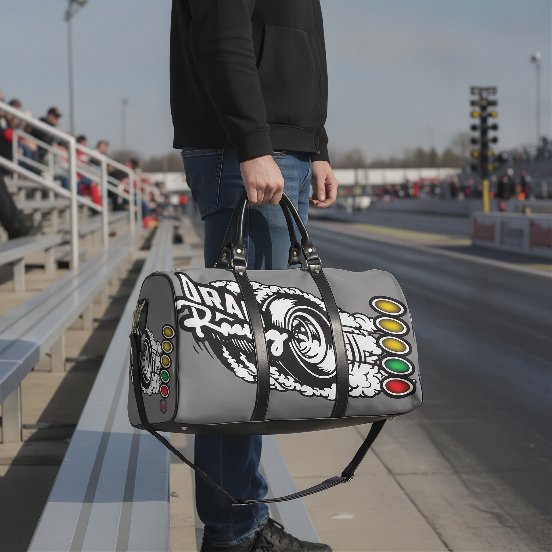 A person standing on a racetrack holds a gray duffel bag with black handles and straps. The bag has a large white racing graphic with the words 'Iowa Raceway' and a row of colored oval buttons on the side.