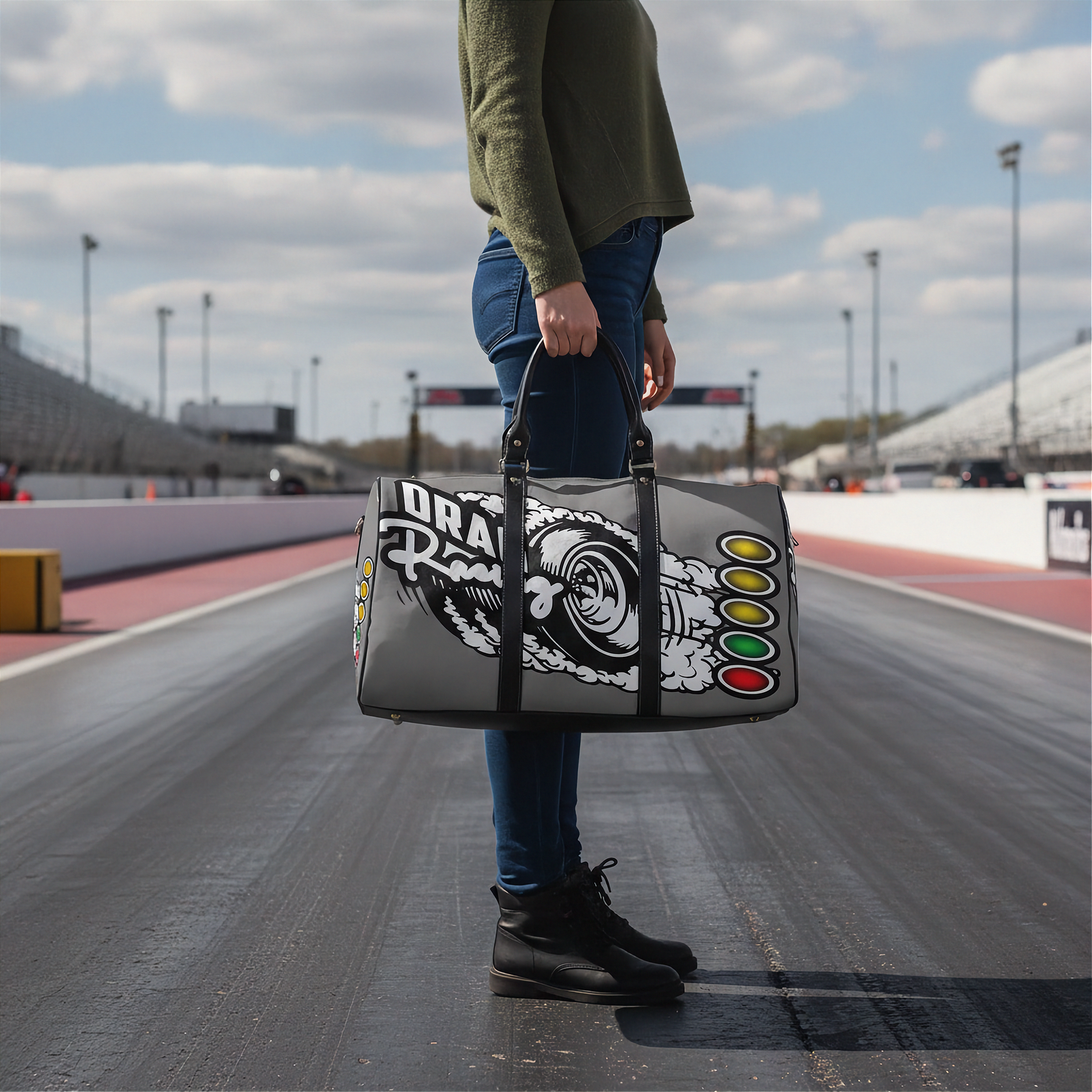 A person standing on a racetrack holds a gray duffel bag with a large white graphic and the words 'Drag Racing'. The racetrack, grandstands, and cloudy sky are visible in the background.