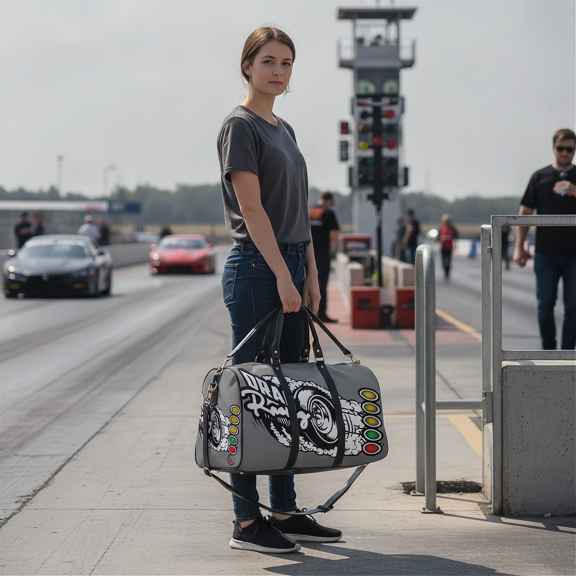 A woman stands on a racetrack holding a gray duffel bag with a black and white racing graphic and colored oval accents. The background shows a blurred race track, cars, and track crew.