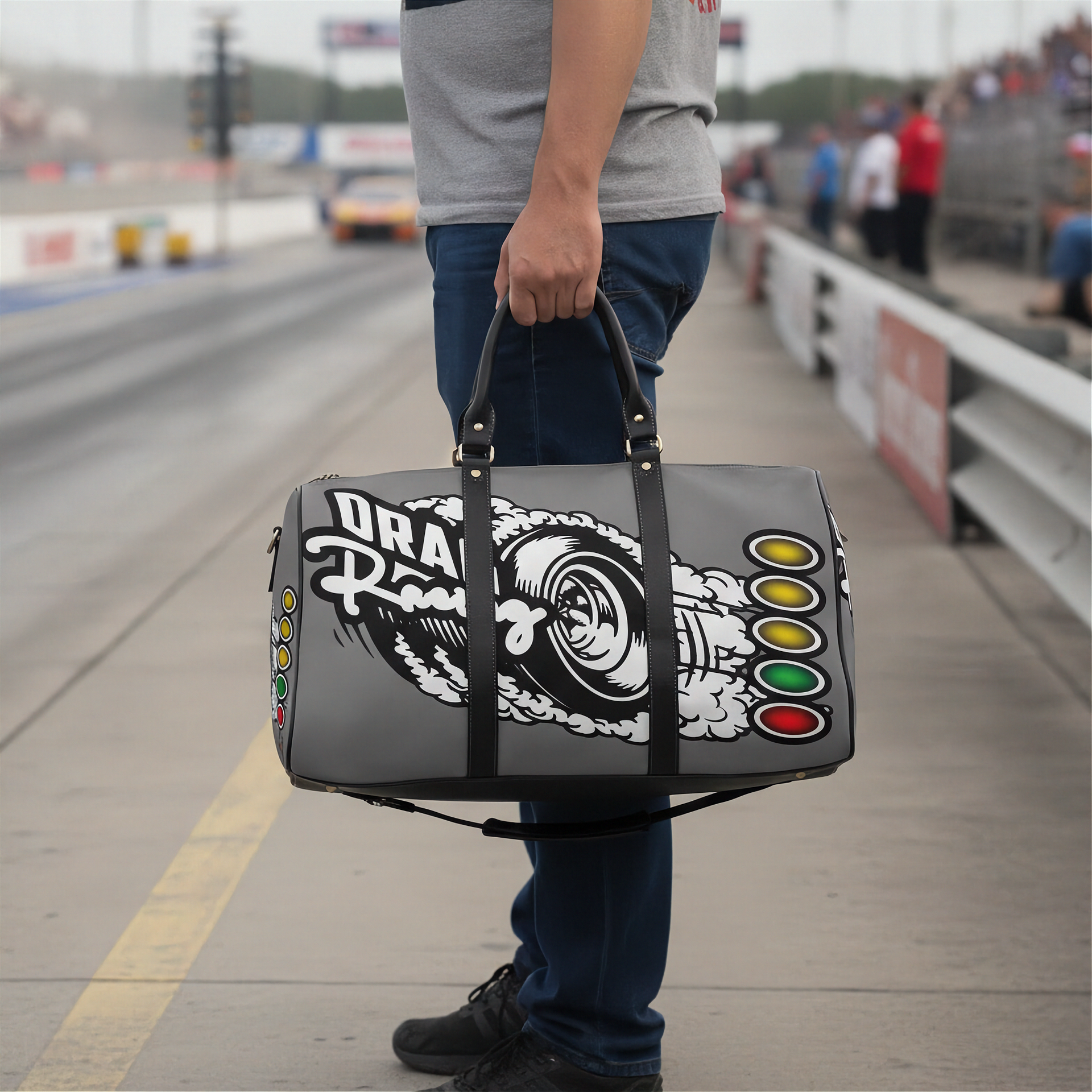 A person standing on a racetrack holds a gray duffel bag with a large black-and-white drag racer graphic, including the words 'Drag Racer' and colored light buttons on the side.