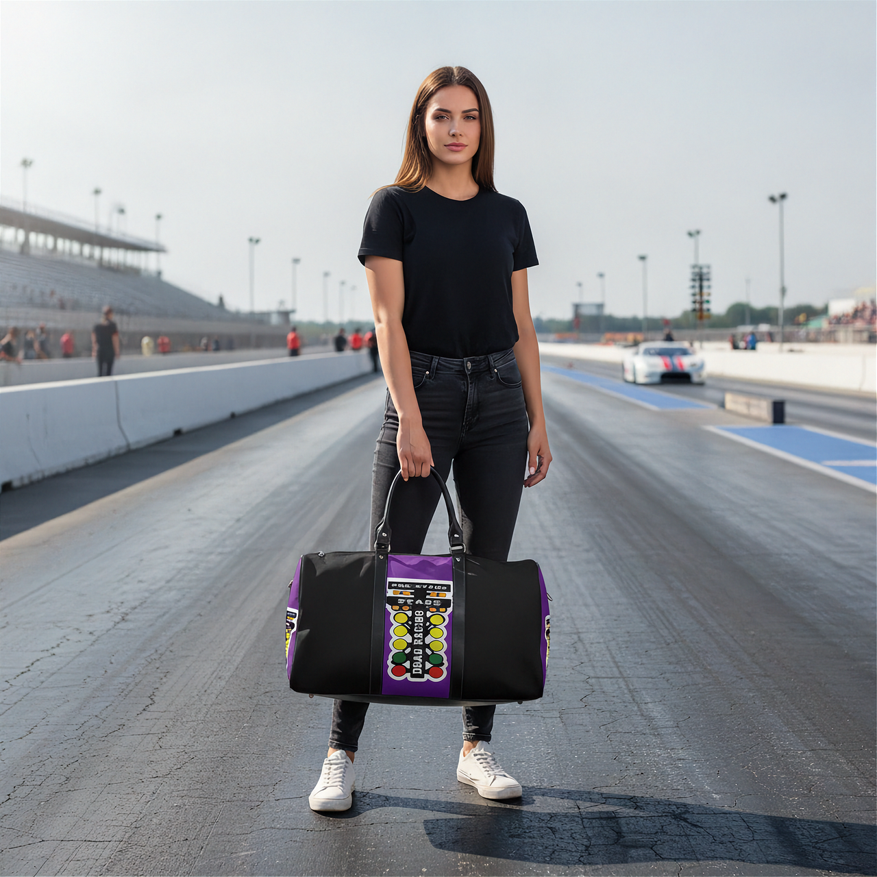 A woman stands on a racetrack holding a black duffel bag with a purple side panel and a colorful drag racing graphic print. The racetrack, grandstands, and distant race cars are visible in the background.