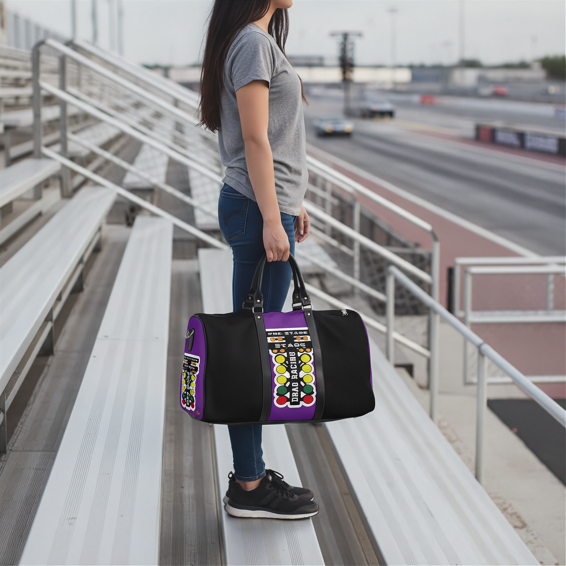 A woman stands on outdoor stadium bleachers holding a black duffel bag with a bold purple and multicolor drag racing graphic panel on the front.